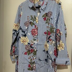 Chico's Blue and White Striped Floral Button-Down Shirt